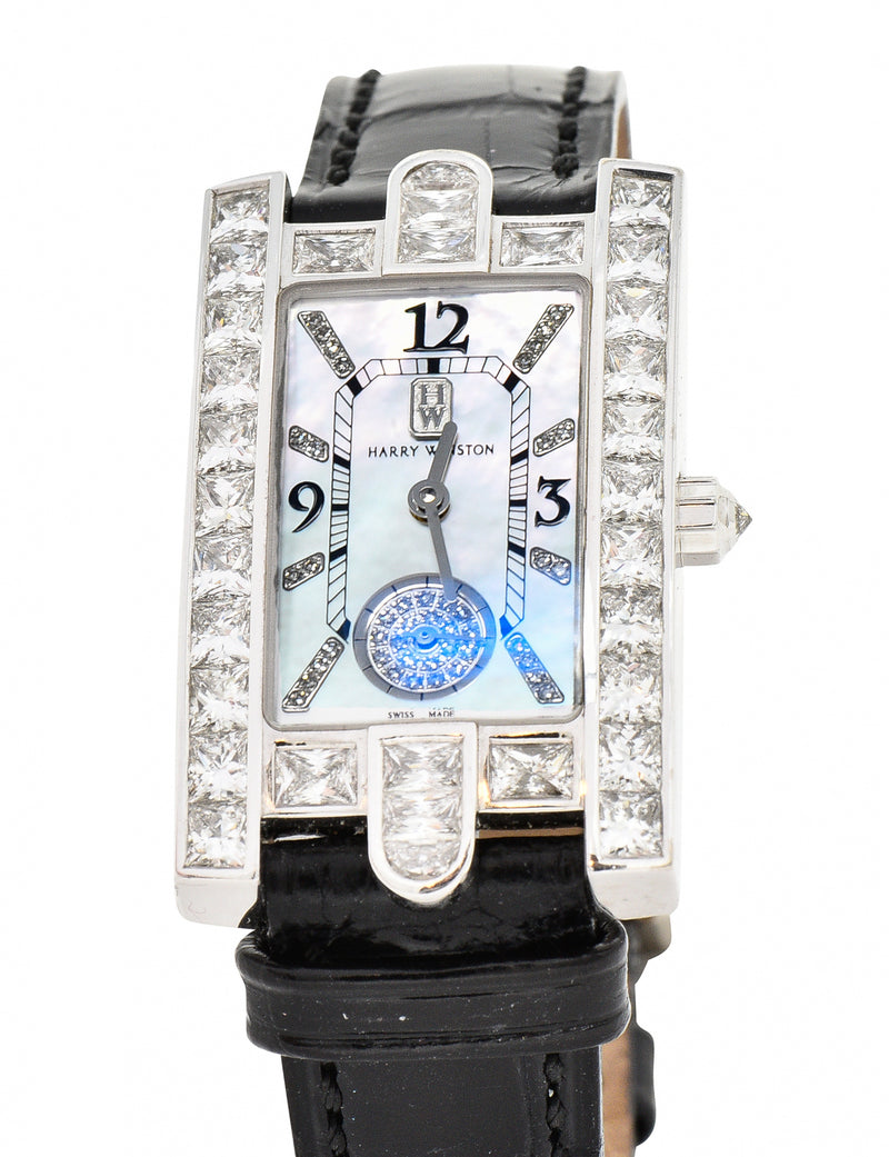 Harry Winston French Cut 6.50 CTW Diamond Mother-Of-Pearl 18 Karat White Gold Leather Quartz Avenue Classic  Women's Watch Wilson's Estate Jewelry