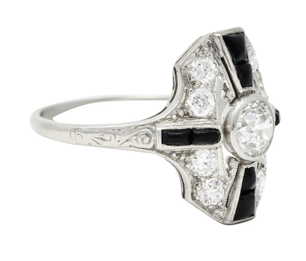 Tiffany & Co. Art Deco Old European Cut Diamond Onyx Platinum Shield Scroll Dinner Ring Wilson's Estate Jewelry