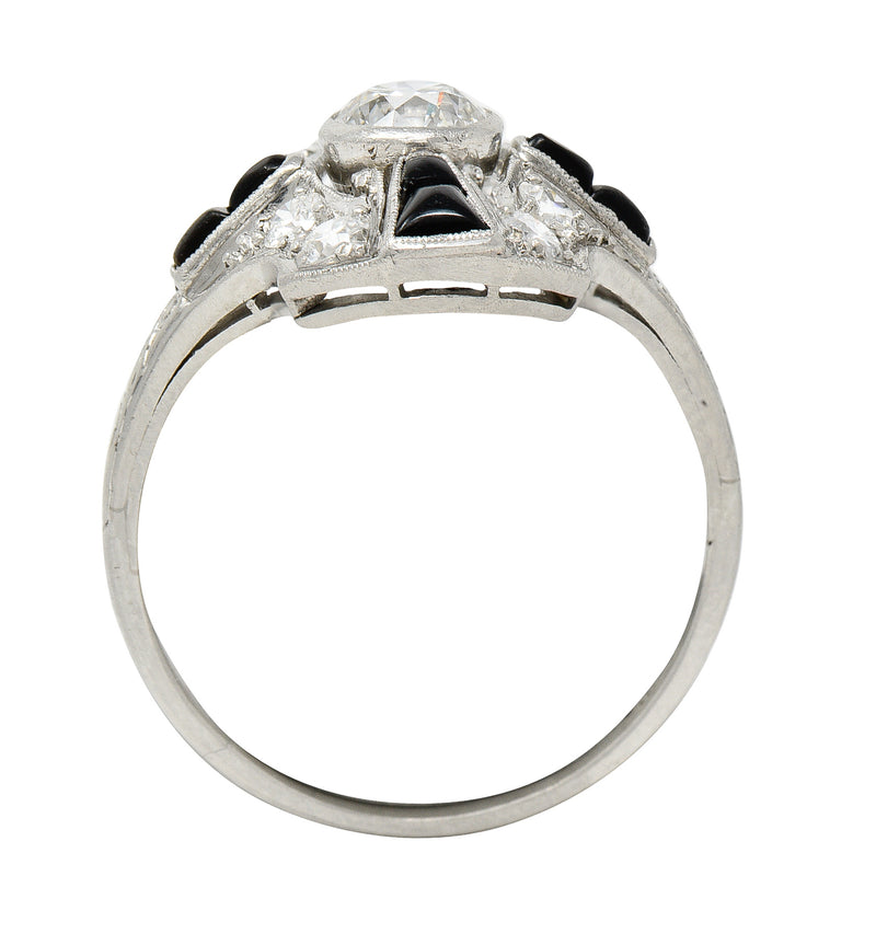 Tiffany & Co. Art Deco Old European Cut Diamond Onyx Platinum Shield Scroll Dinner Ring Wilson's Estate Jewelry