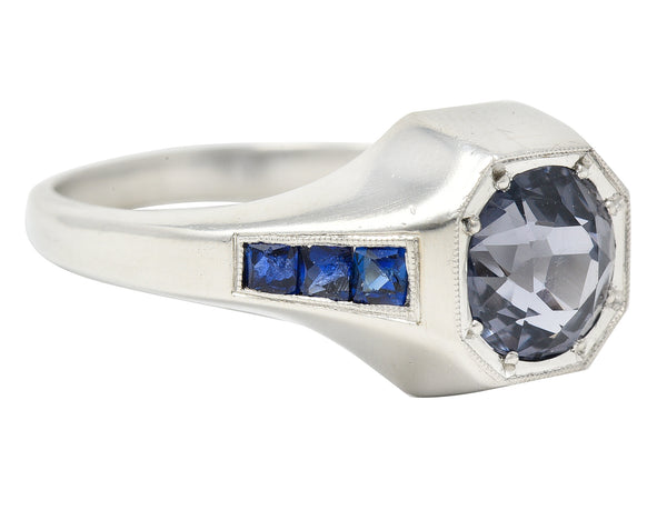 Art Deco 2.78 CTW Spinel Sapphire Platinum Octagonal Unisex Ring Wilson's Estate Jewelry