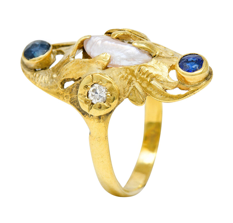 Art Nouveau Diamond Sapphire Pearl 14 Karat Gold RingRing - Wilson's Estate Jewelry