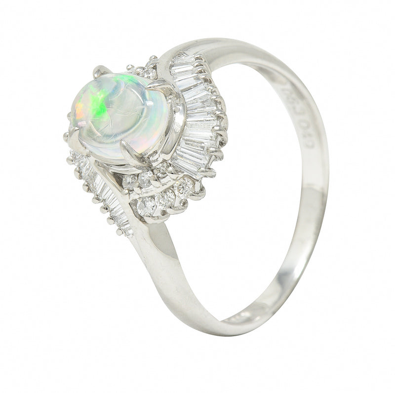 Contemporary Diamond Jelly Opal Platinum Swirl Bypass Cluster Ring Wilson's Estate Jewelry