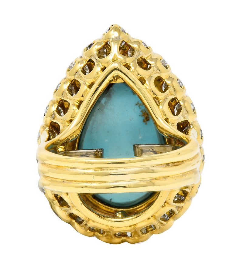 David Webb 1970's Turquoise Pear Shaped Cabochon Diamond Platinum-Topped 18 Karat Yellow Gold Vintage Halo Ring Wilson's Estate Jewelry