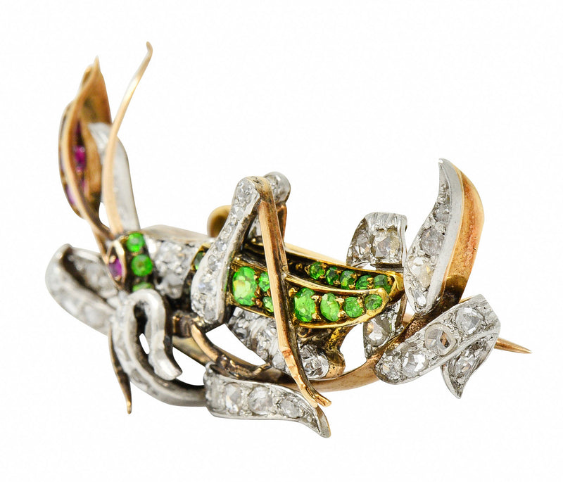 1900 Victorian Ruby Diamond Demantoid Garnet Platinum-Topped 14 Karat Gold Grasshopper BroochBrooch - Wilson's Estate Jewelry