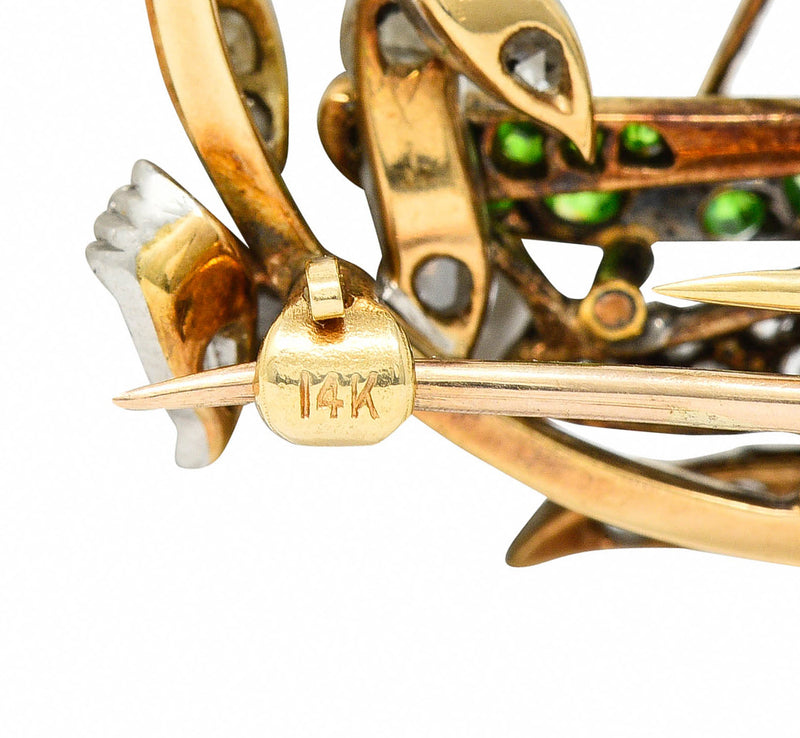 1900 Victorian Ruby Diamond Demantoid Garnet Platinum-Topped 14 Karat Gold Grasshopper BroochBrooch - Wilson's Estate Jewelry