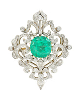 Edwardian 12.53 CTW Colombian Emerald Diamond Platinum 18 Karat Gold Pendant