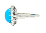 Art Deco Old European Cut Diamond Turquoise Cabochon Foliate 14 Karat White Gold Ring Wilson's Estate Jewelry