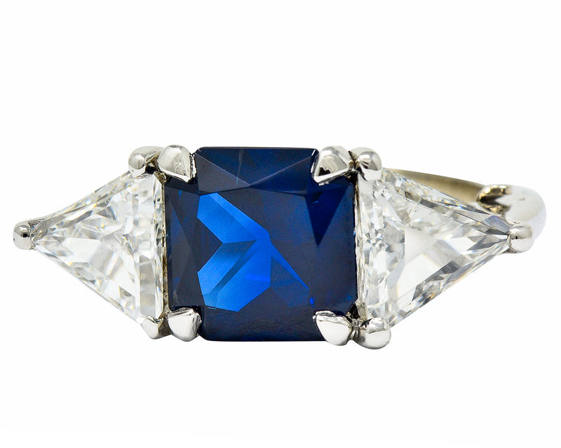 1950's Mid-Century 4.59 CTW No Heat Sapphire Diamond Platinum Three Stone Ring GIARing - Wilson's Estate Jewelry