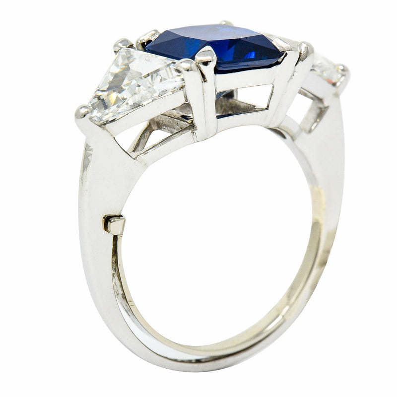 1950's Mid-Century 4.59 CTW No Heat Sapphire Diamond Platinum Three Stone Ring GIARing - Wilson's Estate Jewelry