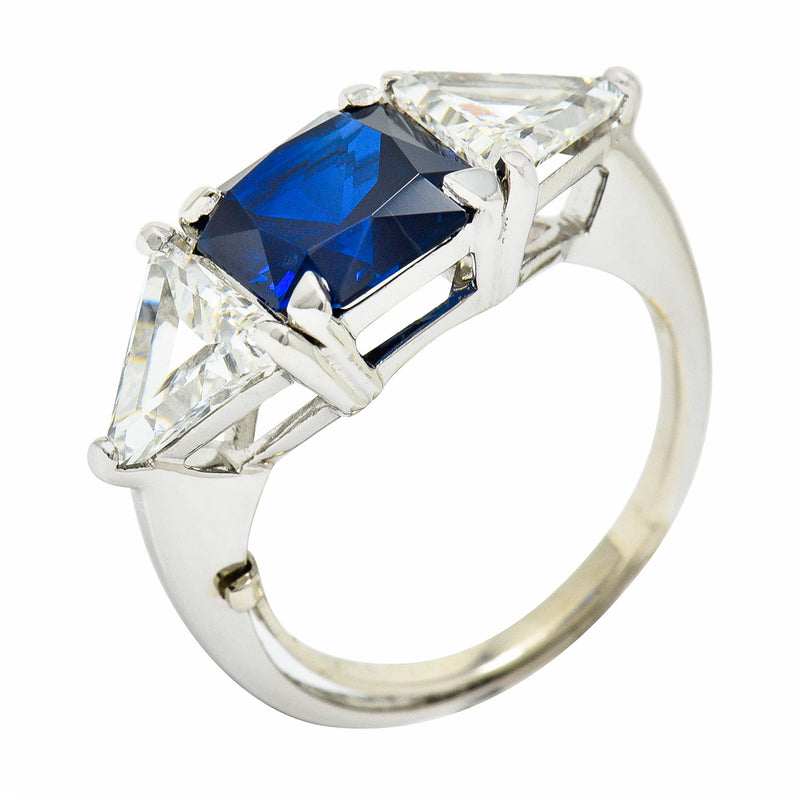 1950's Mid-Century 4.59 CTW No Heat Sapphire Diamond Platinum Three Stone Ring GIARing - Wilson's Estate Jewelry