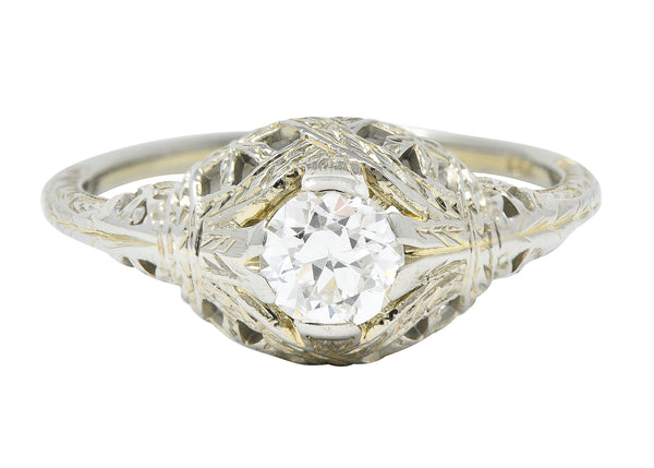 Art Deco 0.39 CTW Old European Cut Diamond 18 Karat White Gold Woven Wheat Engagement Ring