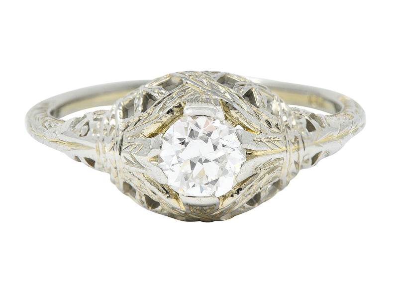 Art Deco 0.39 CTW Old European Cut Diamond 18 Karat White Gold Woven Wheat Engagement Ring Wilson's Estate Jewelry