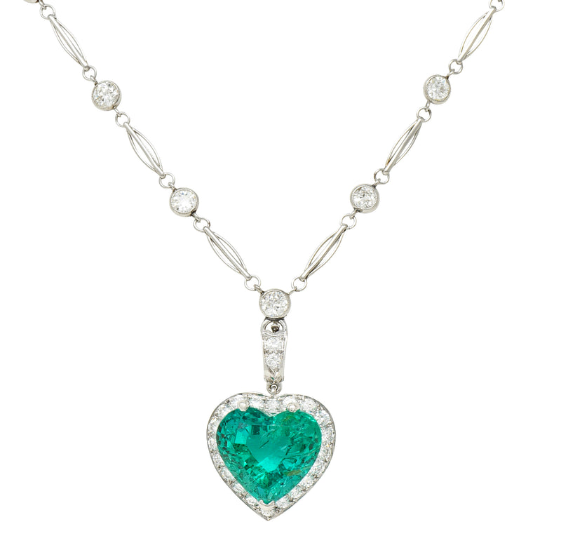 Vintage 14.64 CTW Heart Cut Colombian Emerald Diamond Platinum Pendant Necklace