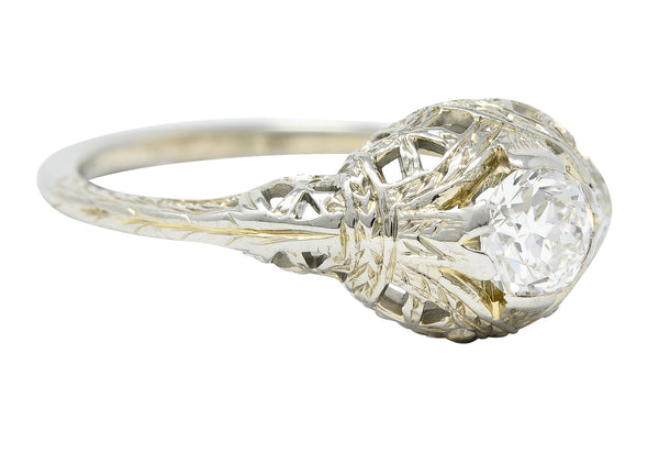 Art Deco 0.39 CTW Old European Cut Diamond 18 Karat White Gold Woven Wheat Engagement Ring