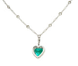 Vintage 14.64 CTW Heart Cut Colombian Emerald Diamond Platinum Pendant Necklace