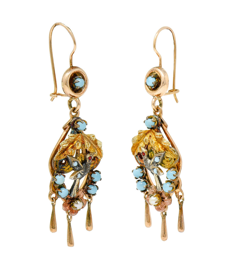 Victorian Pearl Glass Cabochon 14 Karat Tri-Colored Gold Bird & Foliate Drop EarringsEarrings - Wilson's Estate Jewelry