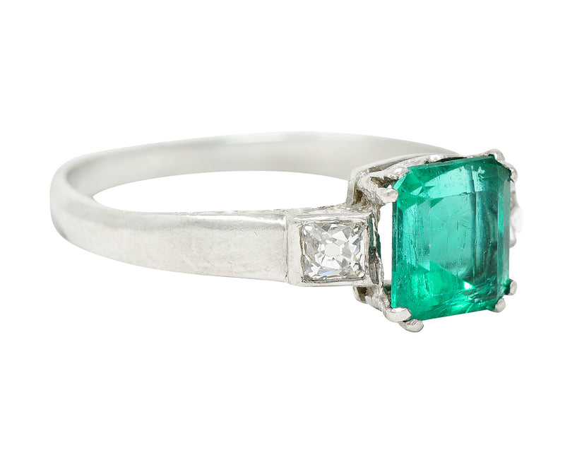 Art Deco 1.65 CTW Emerald Diamond Platinum Three Stone Ring Wilson's Estate Jewelry