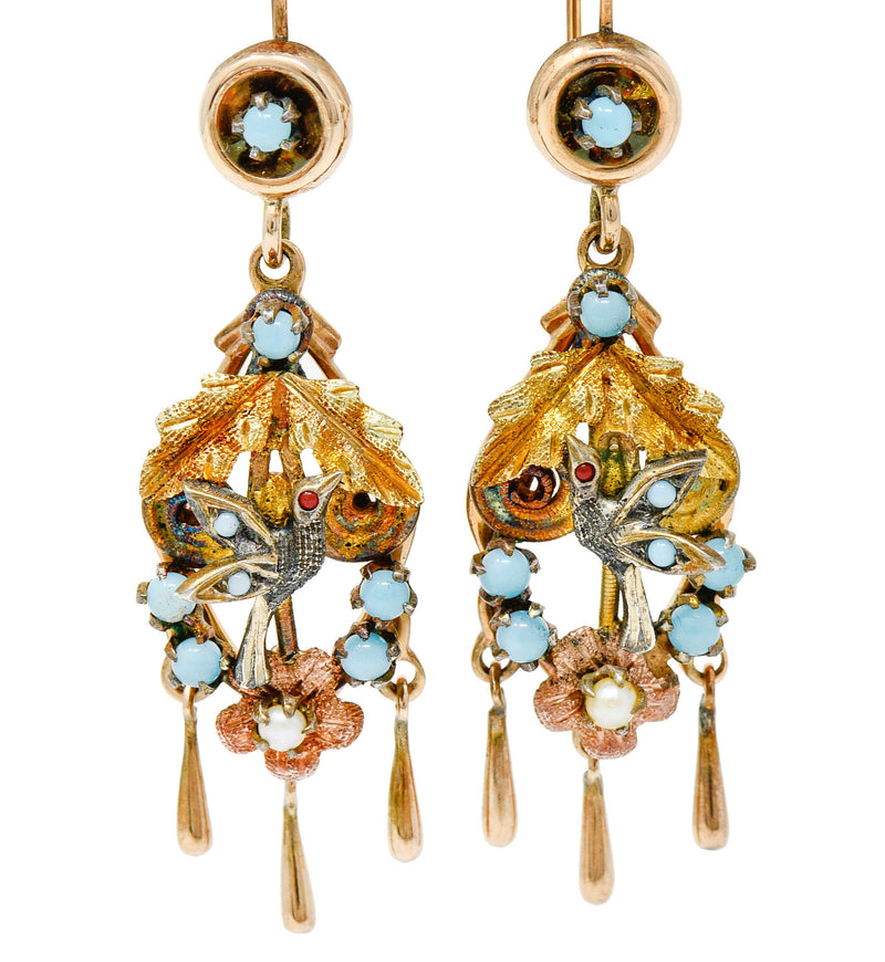 Victorian Pearl Glass Cabochon 14 Karat Tri-Colored Gold Bird & Foliate Drop EarringsEarrings - Wilson's Estate Jewelry