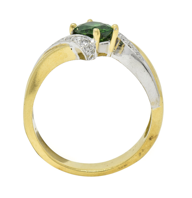 1980s 1.65 CTW Tsavorite Garnet Diamond 18 Karat Two-Tone Gold Bypass Ring