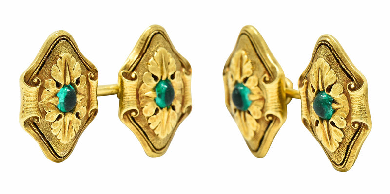 Art Nouveau Diopside 18 Karat Green Gold Foliate Men's CufflinksCufflinks - Wilson's Estate Jewelry