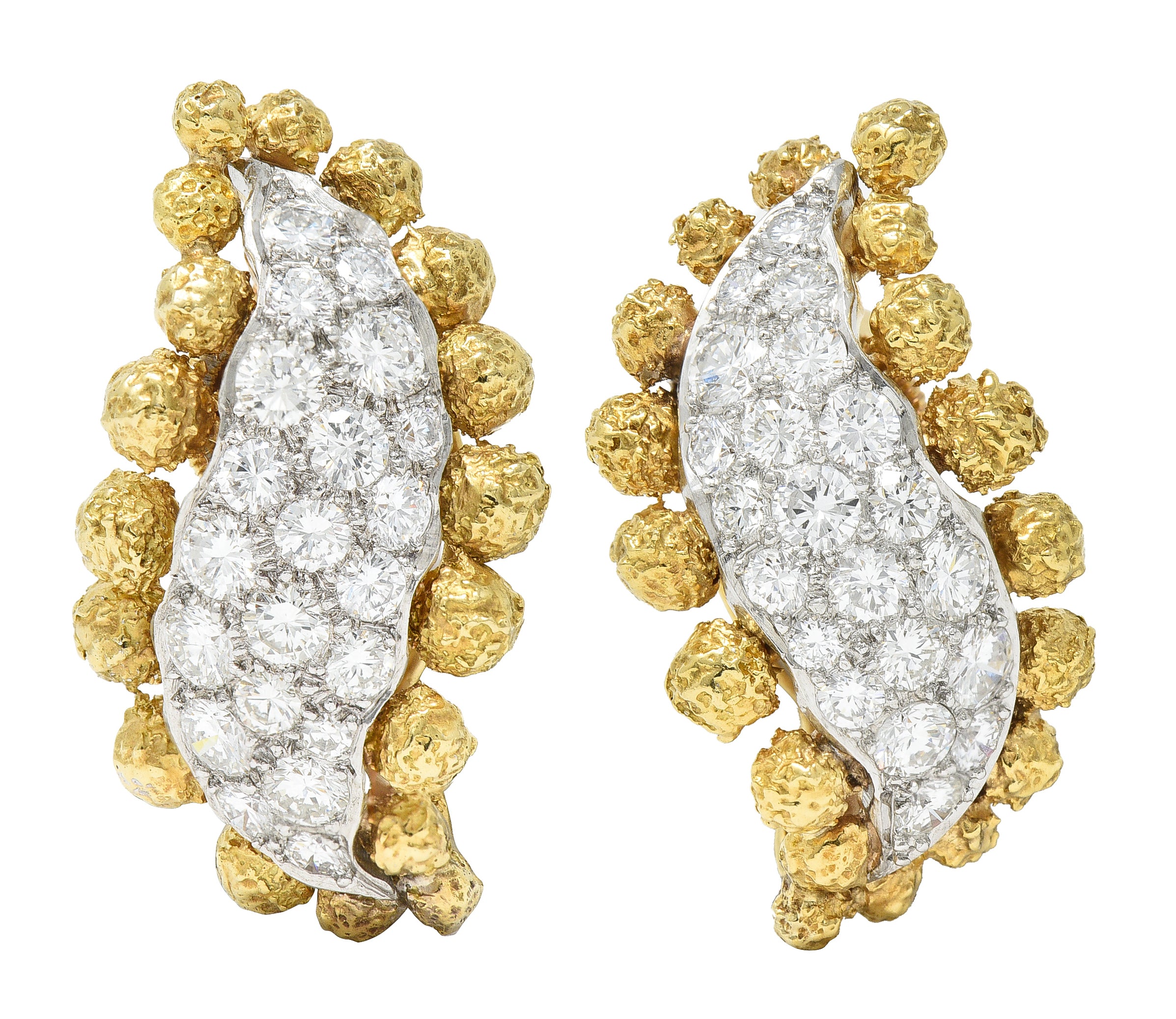 1960's Cartier 2.36 CTW Pave Diamond Platinum 18 Karat Yellow Gold Ear-Clip Earrings Wilson's Estate Jewelry