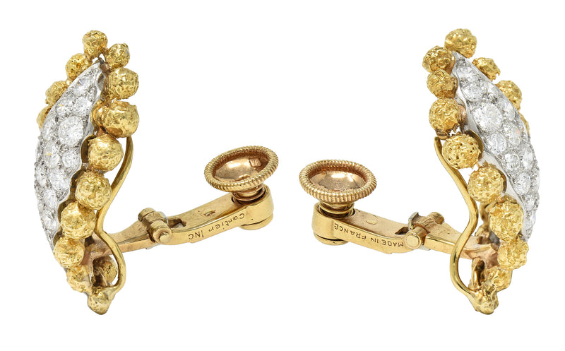 1960's Cartier 2.36 CTW Pave Diamond Platinum 18 Karat Yellow Gold Ear-Clip Earrings Wilson's Estate Jewelry