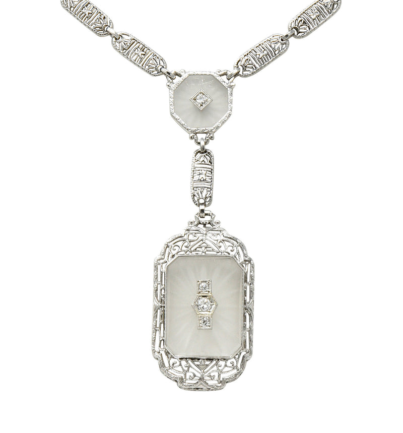 Early Art Deco Diamond Camphor Glass Platinum 14 Karat White Gold Drop NecklaceNecklace - Wilson's Estate Jewelry