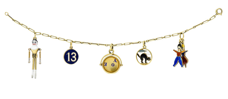 1900 Victorian Enamel 14 Karat Gold Charm Braceletbracelet - Wilson's Estate Jewelry