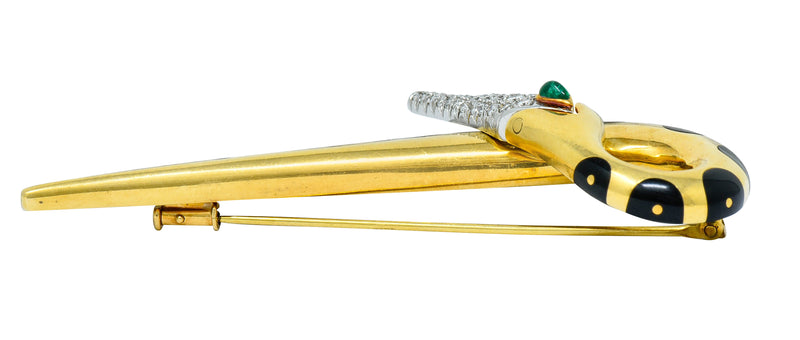 Michael Bondanza Pave Diamond Onyx Emerald Platinum 18 Karat Gold Heron BroochBrooch - Wilson's Estate Jewelry