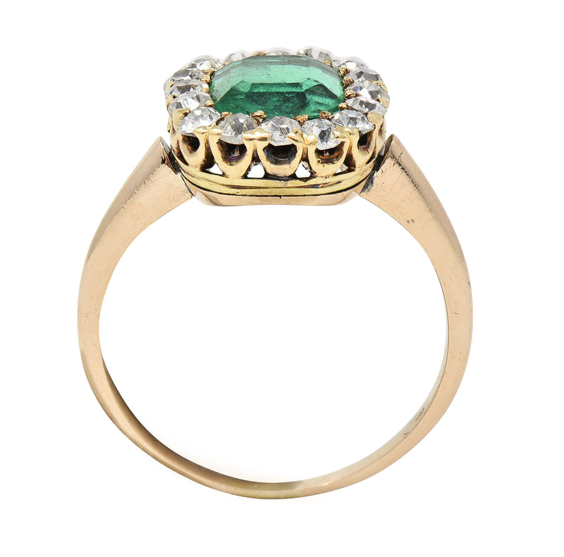 Victorian 2.51 CTW Colombian Emerald Diamond 14 Karat Yellow Gold Halo Ring GIA