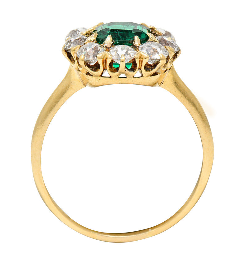Victorian 2.11 CTW Cushion Cut Colombian Emerald Old European Cut Diamond 18 Karat Yellow Gold Cluster Ring GIA Wilson's Estate Jewelry