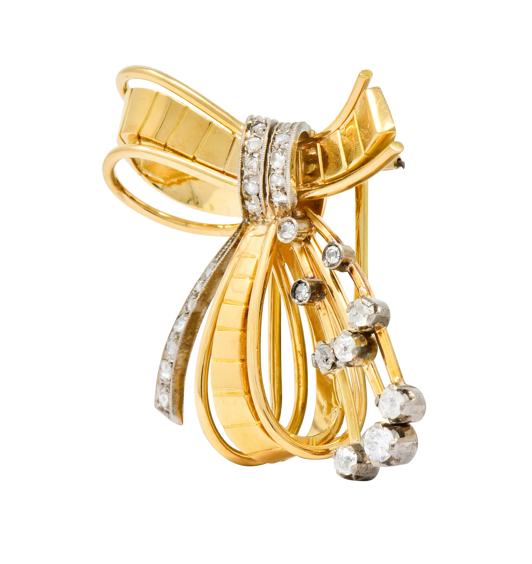 Retro 2.75 CTW Diamond 18 Karat Two-Tone Gold Bow Clips - Wilson's Estate Jewelry