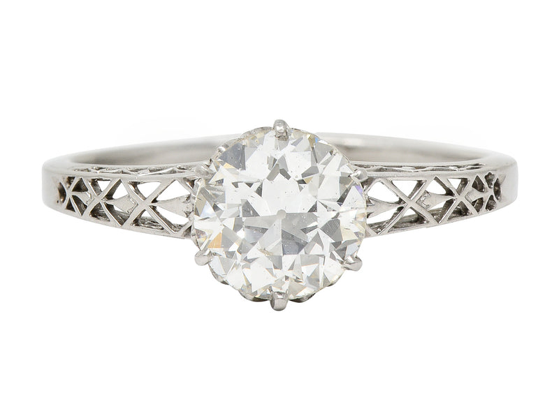Art Deco 1.42 CTW Platinum Fleur-De-Lis Trellis Solitaire Engagement Ring Wilson's Estate Jewelry
