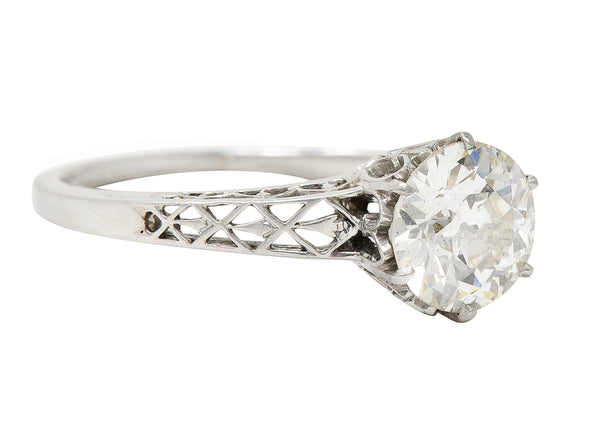 Art Deco 1.42 CTW Platinum Fleur-De-Lis Trellis Solitaire Engagement Ring Wilson's Estate Jewelry