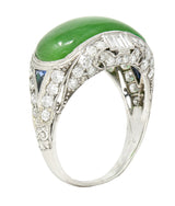 1930's Art Deco Jadeite Jade Sapphire Diamond Platinum Band Ring GIA Wilson's Estate Jewelry