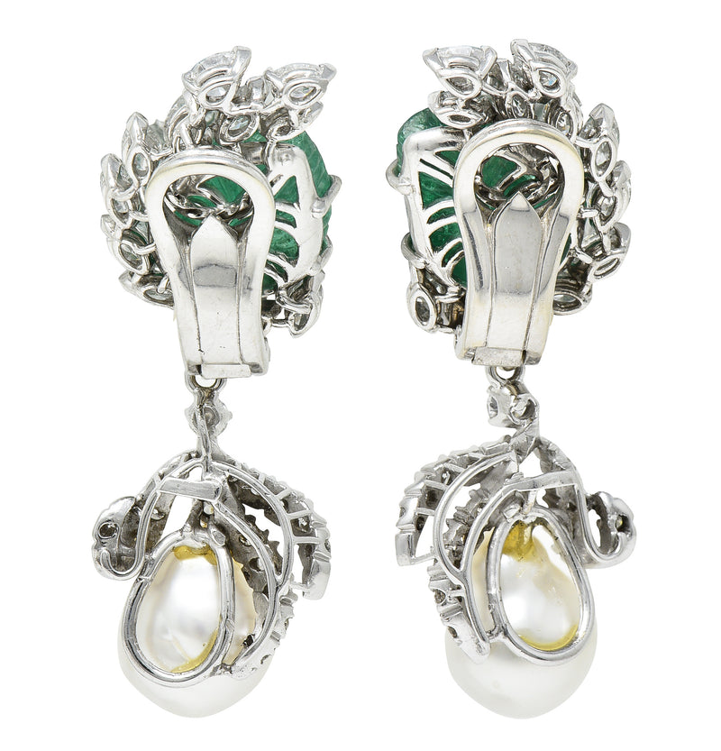 Mid-Century 21.90 CTW Mughal Carved Emerald Diamond Baroque Pearl Platinum Convertible Ear-Clip Earrings Wilson's Estate Jewelry
