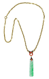 Art Deco Carved Jade Enamel 14 Karat Gold Drop Pendant NecklaceNecklace - Wilson's Estate Jewelry