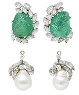Mid-Century 21.90 CTW Mughal Carved Emerald Diamond Baroque Pearl Platinum Convertible Ear-Clip Earrings Wilson's Estate Jewelry