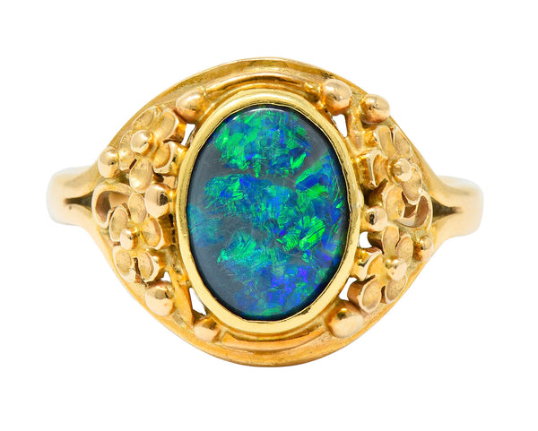 Art Nouveau 14 Karat Gold Black Opal Flower RingRing - Wilson's Estate Jewelry