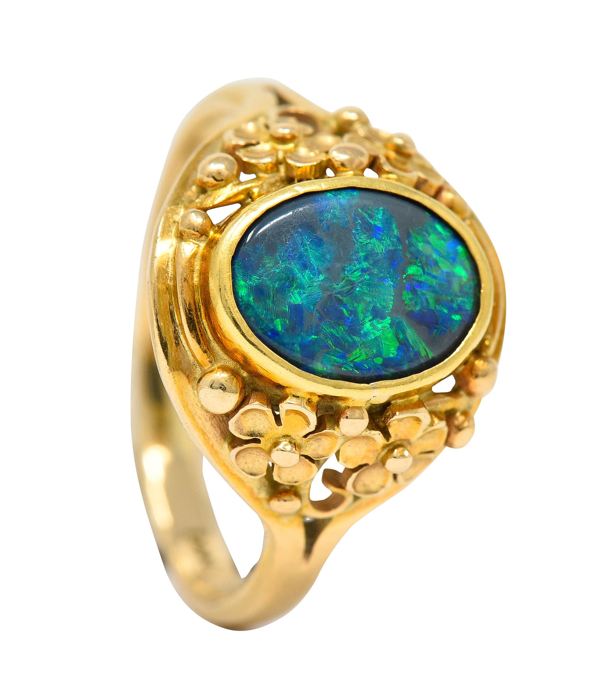 Art Nouveau 14 Karat Gold Black Opal Flower RingRing - Wilson's Estate Jewelry