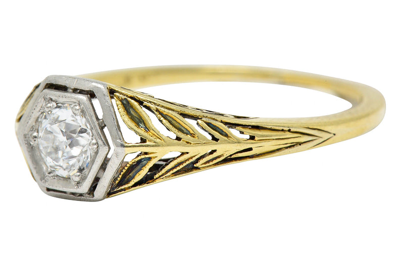 Edwardian 0.35 CTW Diamond Platinum-Topped 18 Karat Gold Foliate Engagement RingRing - Wilson's Estate Jewelry