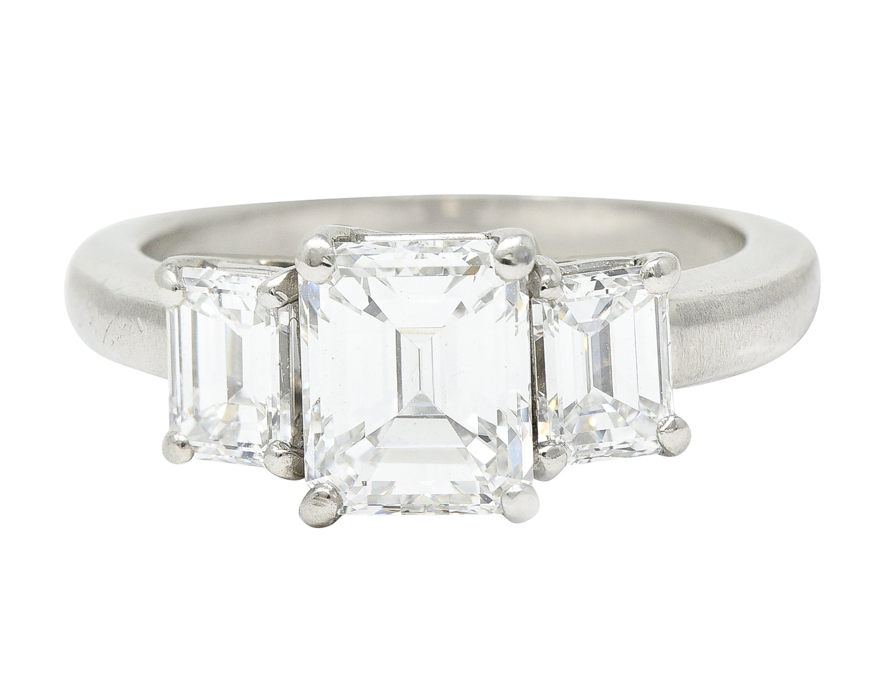 1950's Mid-Century 2.51 CTW Emerald Cut Diamond Platinum Three Stone Engagement Ring GIA Wilson's Estate Jewelry