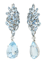 French Mid-Century 77.50 CTW Aquamarine Diamond 18 Karat White Gold Convertible Drop Cluster Ear-Clip Earrings Wilson's Estate Jewelry