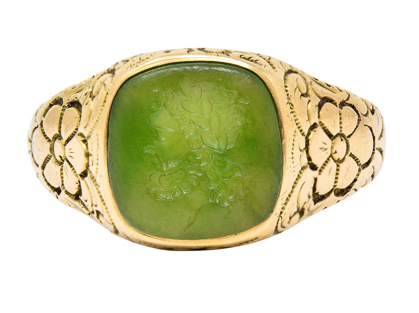 Art Nouveau Nephrite Intaglio 14 Karat Gold Zeus Signet RingRing - Wilson's Estate Jewelry