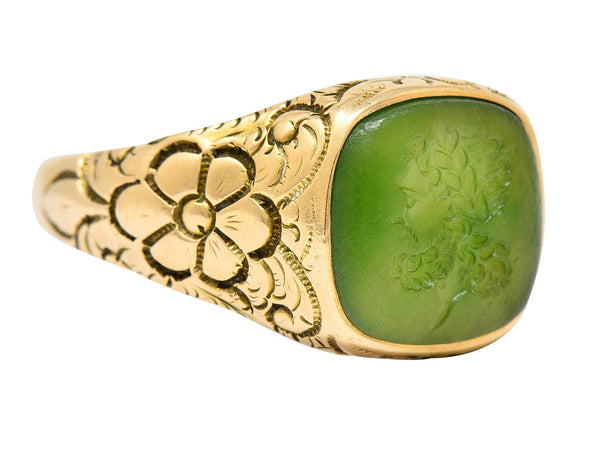 Art Nouveau Nephrite Intaglio 14 Karat Gold Zeus Signet RingRing - Wilson's Estate Jewelry