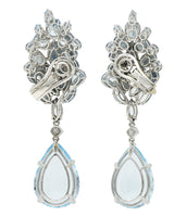 French Mid-Century 77.50 CTW Aquamarine Diamond 18 Karat White Gold Convertible Drop Cluster Ear-Clip Earrings Wilson's Estate Jewelry