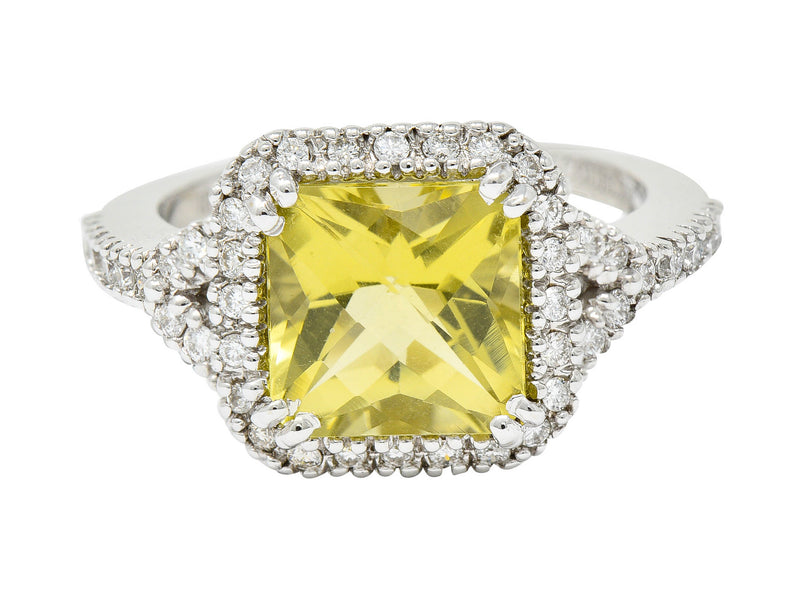 Green Beryl Diamond 18 Karat White Gold Square Halo Gemstone RingRing - Wilson's Estate Jewelry