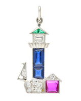 Large Art Deco Sapphire Emerald Ruby Diamond Platinum Lighthouse Charm - Wilson's Estate Jewelry