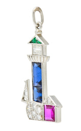 Large Art Deco Sapphire Emerald Ruby Diamond Platinum Lighthouse Charm - Wilson's Estate Jewelry