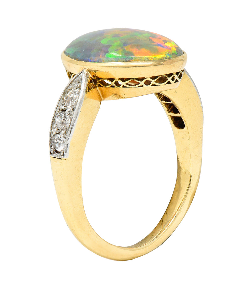 Edwardian Diamond Black Opal Platinum-Topped 18 Karat Yellow Gold Ring Wilson's Estate Jewelry